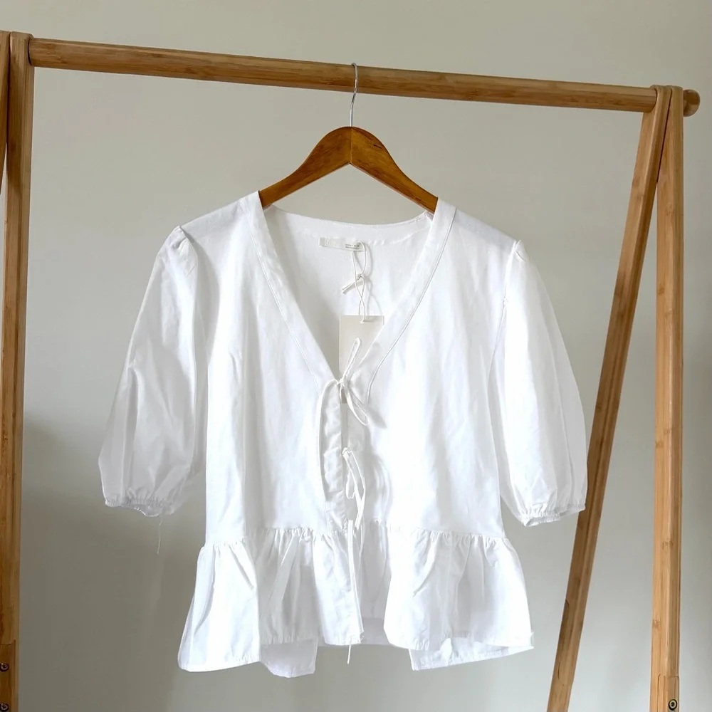 Zara White Peplum Tie-Front Puff Sleeve Blouse